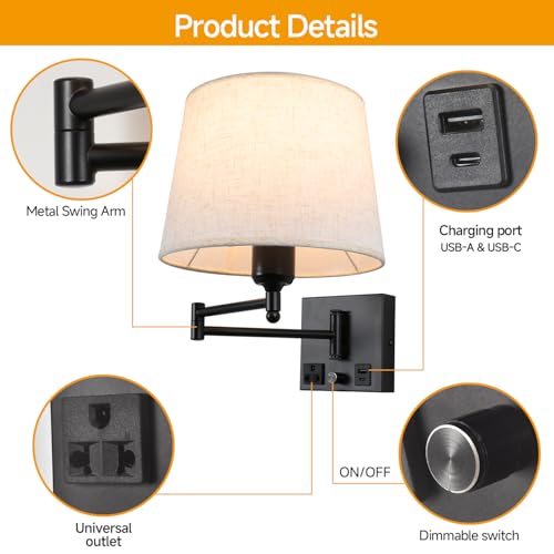 Swing Arm Wall Sconce with Linen Fabric Shade, USB-A & USB-C Charging Ports, Built-in AC Outlet & Rotary Dimmer, Plug-in Adjustable Reading Wall Lamp for Bedside Bedroom Hotel