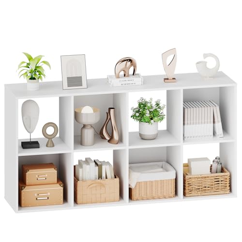 Sweetcrispy 8 Cube Storage Organizer, Stackable Modular Bookcase Shelf | Vertical or Horizontal Use, Fits 11×11" Bins, Removable Back Panels, for Living Room, Office, Entrance White Wood