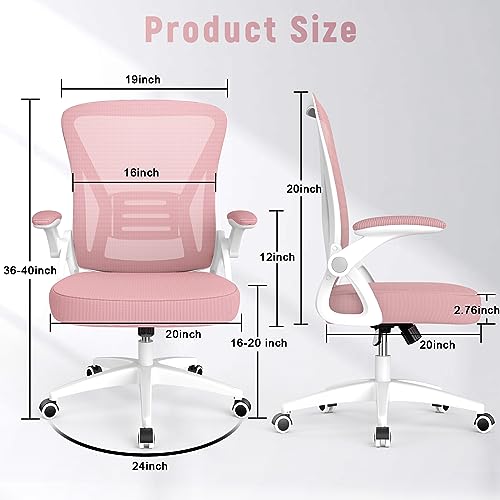 naspaluro Home Office Desk Chair Mid Back with Adjustable Height Pink | Comfy Ergonomic Chair with Flip-Up Arm and Lumbar Support, Breathable Mesh Swivel Computer Chair for Study Working Teacher - color: Pink