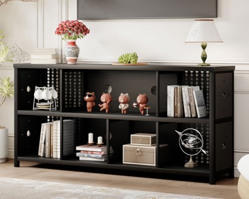 LVB Black Horizontal Bookshelf, 63" Modern Cube Storage Organizer Bookcase | Wide Bookshelves, Industrial Long Wood Metal Book Shelf, Farmhouse Low Large Cube Shelf for Office Home Bedroom Living Room - color: Black Oak