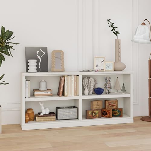 blini White Bookshelf Double Wide 64“ 2-Tier Bookcase 4 Cube Storage Organizer Wooden Bookcases for Bedroom and Home Office Decor Display - color: White, size: 2-shelf