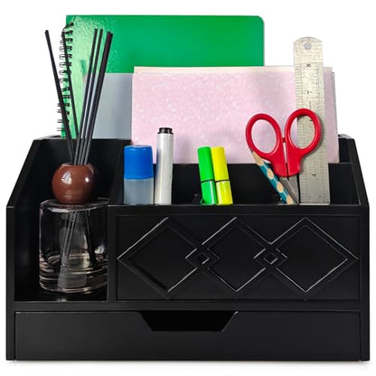 Black Wooden Mail Organizer with Drawer, Three Tiered Desk Accessories for Office Organization and Storage, Stylish Countertop Document Storage, Home/Office/Classroom Supplies (Black02) - style: Black02