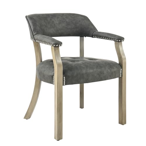 LEEMTORIG Faux Leather Dining Chair with Arms, Solid Wood Dining Chair with Supportive Back, Accent Poker Chairs, Boss Caption's Chairs Office Desk Chairs, Soft Grey Legs & Dark Grey PU CY-NX173-DG - color: Soft Grey Legs & Dark Grey Pu, size: Set of 1