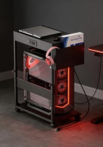 PC Stand with Charge Station,Computer Tower Stand on Wheels, Black