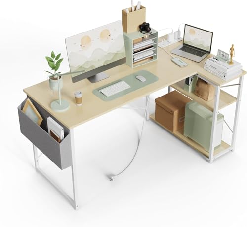 TIQLAB L Shaped Computer Desk with Power Outlets, 55 Inch Small Corner Desk with Reversible Shelves, Gaming Desk Computer Table Study Writing Desk for Home Office Small Space, Beige - color: Beige, size: 55 Inch