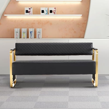 OmySalon Waiting Room Chairs with Arms, 57.5’’ Office Guest Chair upholstered Bench Seating, Reception Furniture for Beauty Salon Barbershop Airport Bank Hall Room Conference, Black&Gold