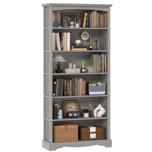 TVU 6-Tier Wooden Bookshelf, 76 Inch Tall Bookshelf with Storage, Floor Standing Modern Style Display Bookcase for Living Room, Office, Study Room, Entryway, Grey - color: Grey, size: 6 Tier
