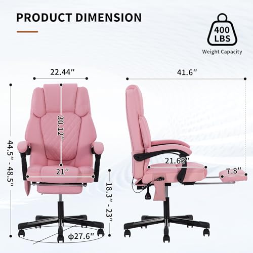 Massage Office Chair with Heat 6 Vibration Points,High Back & Heat, Executive Desk Chair,Big and Tall Office Chair 400lbs, Comfortable Ergonomic Reclining Managerial Chair, PU Leather Pink