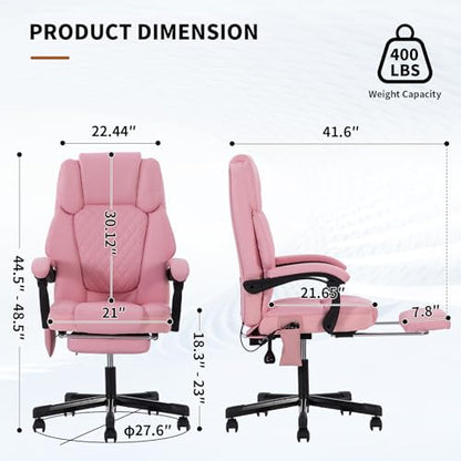 Massage Office Chair with Heat 6 Vibration Points,High Back & Heat, Executive Desk Chair,Big and Tall Office Chair 400lbs, Comfortable Ergonomic Reclining Managerial Chair, PU Leather Pink