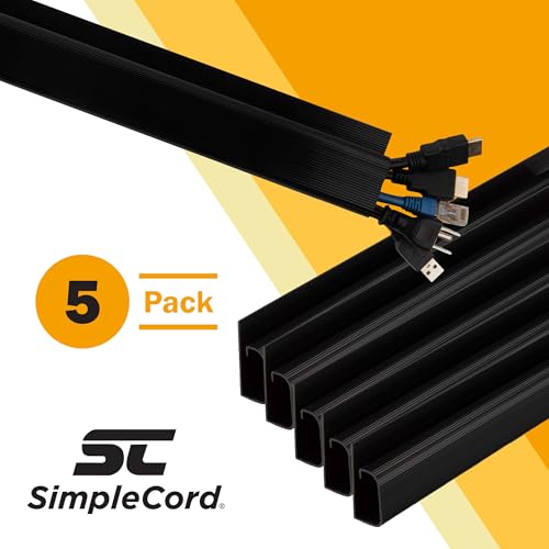 Simple Cord 5 Pack of 16-Inch J Channel Cable Management Under Desk - Easy to Install Adhesive Mount Cord Organizer for Desk, Home Office, No-Drill Wall Cable Organizer (Black)