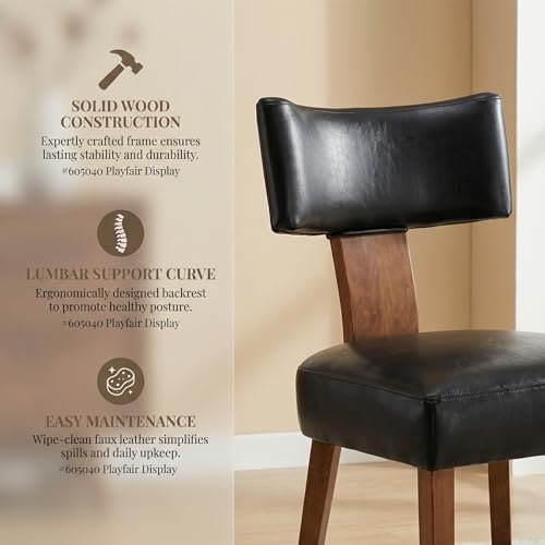 HNY Mid Century Modern Dining Chairs Set of 2, Farmhouse PU Leather Upholstered Accent Chair Curved Backrest Kitchen Chairs, with Hardwood Frame, Black - color: Black Curved