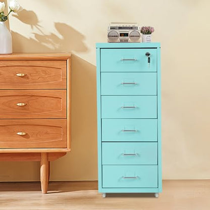 6 Drawers File Cabinet with Lock Rolling Mobile Filing Cabinet with Wheels Under Desk Vertical Filing Cabinet for Office/Home Metal (Light Blue) - color: Light Blue