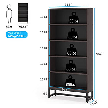 Tribesigns Tall Bookcase and Bookshelf, 70.8” Large Bookcases Organizer with 5-Tier Storage Shelves, Heavy Duty Free-Standing Library Bookshelf Shelving Unit for Living Room, Bedroom (Dark Walnut) - color: Dark Walnut