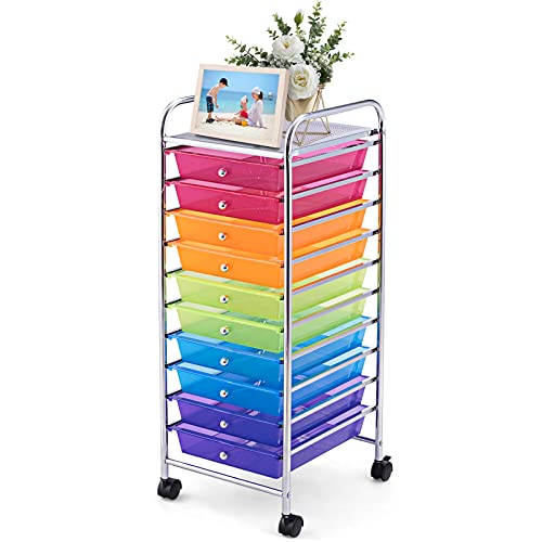 GOFLAME 10-Drawer Rolling Storage Drawer Cart, Utility Cart with Removable Drawers & Metal Frame, Mobile Art Craft Drawer Cart with Lockable Wheels for Home, Office, Studio, School, Rainbow - color: Rainbow, size: 10-Drawer without Wood Top