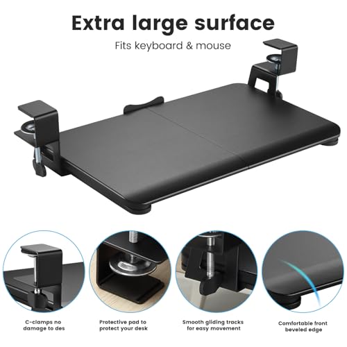 Keyboard Tray Under Desk, Slide Out Computer Keyboard & Mouse Tray with C Clamp-on Mount Easy to Install,24" W（Including Clamps） X 12"D Small Size,Black