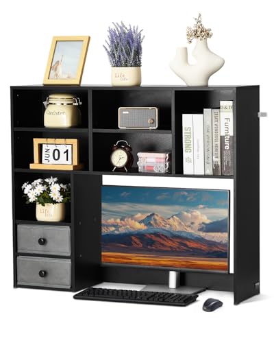 VEVOR 3-Tier Desktop Storage Organizer, 37" x 10" x 31.1" Office Storage Rack Wood Display Shelf, Desktop Bookshelf Hutch with 2 Fabric Drawers, for Office, Home & Dorm, Black - color: Black, size: 3 Shelves