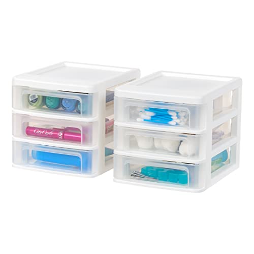 IRIS USA 2-Pack, 3-Drawer Small Plastic Stacking Desktop Organizer, White | Organize office supplies, stationery, makeup, craft materials and everyday essentials for neat desktop storage - color: White, style: Small - 2 Pack