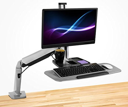 Mount-It! Sit-Stand Monitor Arm Desk Mount Workstation with Keyboard Tray, Single Monitor Mount Fits Up to 32”, Gas Spring Height Adjustable, VESA 75x75 100x100, Clamp or Grommet, Silver