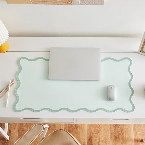 Scalloped Desk Mat, 31.5" x 15.7", PU Leather, Waterproof Anti-Slip, Cute Aesthetic Desk Pad for Office/Home/Game/Vanity (Sage, 31.5" x 15.7") - color: Sage