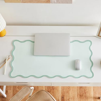 Scalloped Desk Mat, 31.5" x 15.7", PU Leather, Waterproof Anti-Slip, Cute Aesthetic Desk Pad for Office/Home/Game/Vanity (Sage, 31.5" x 15.7") - color: Sage