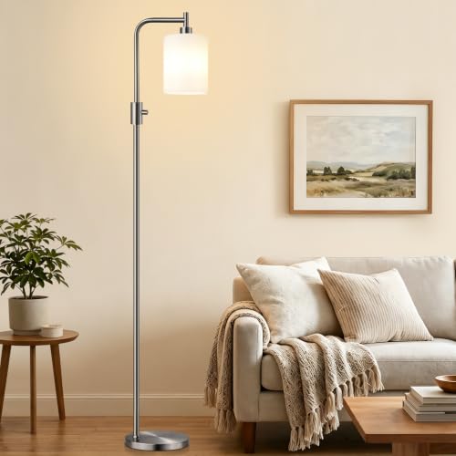 【Upgraded】 Dimmable Floor Lamp for Living Room with Opal Glass Lampshade, Brushed Nickel Modern Floor Lamp with 900LM LED Bulb Included, Standing Tall Lamp for Bedroom, Office, Reading Room, Corner - color: Opal Glass-Brushed Nickel