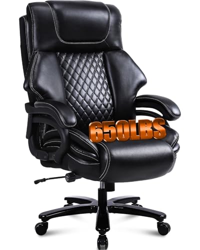650lbs Large Big and Tall Office Chair for Heavy People with Adjustment Lumbar Support, Comfy Padded Heavy Duty Leather Executive Office Chair with Quiet Rubber for Adults 8 Hours Daliy Work
