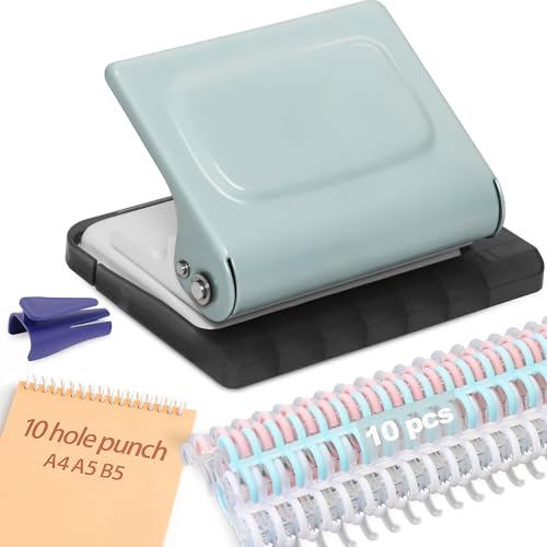 10 Hole Punch Binding Machine for Planners with 10 Multi-Color Binder Rings | 30 Holes on A4, 20 Holes on A5, 26 Holes on B5, 10 Sheet Capacity (Pale Blue) - color: Pale Blue