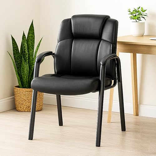 Simple Deluxe Office Guest Chair with Padded Arm Rest No Wheels, Waiting Room Reception Leather Stationary Chairs for Conference Room, Lobby, Home, Desk Table Side, Dining, 1 Pack Thickened Cushion - color: Black, size: 1 Pack Thickened Cushion