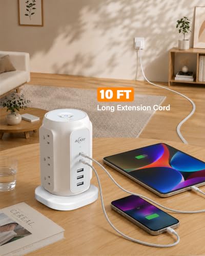 AiJoy 10FT Flat Plug Power Strip Tower with 9 AC Outlets and 5 USB Ports - color: White-10FT