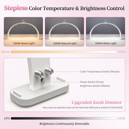 Foldable Half Moon Light for Nail Desk, 31in 45W Nail Desk Lamp with Phone Holder, Half Moon Table Lamp with Stepless Color Temperature Dimmable for Manicure, Handicrafts, Tattoos, Painting(White) - color: White - Half Moon