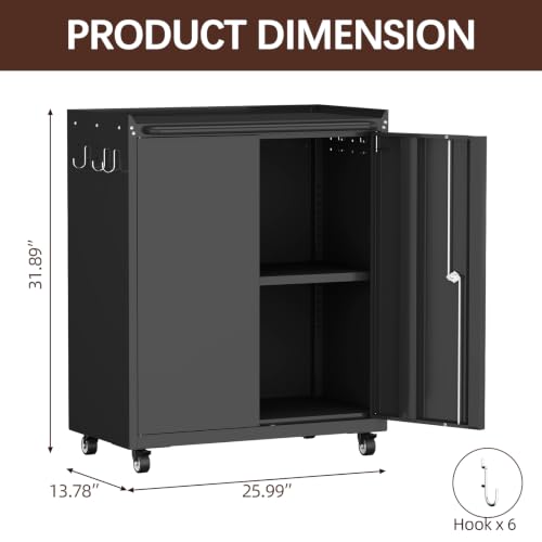 Metal Cabinet with Wheels, Steel Cabine with Locking Doors, Small Cabinet with Adjustable Shelf, Tool Cabinets for Garage, Suitable for Home Office, Garage, Office - color: 32"h - Black