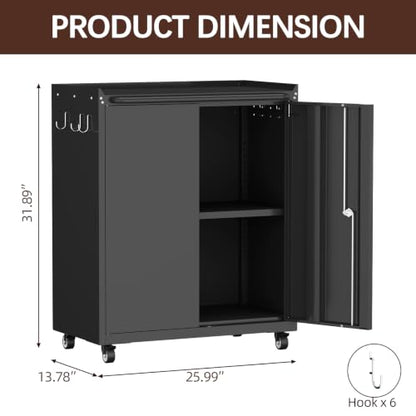 Metal Cabinet with Wheels, Steel Cabine with Locking Doors, Small Cabinet with Adjustable Shelf, Tool Cabinets for Garage, Suitable for Home Office, Garage, Office - color: 32"h - Black