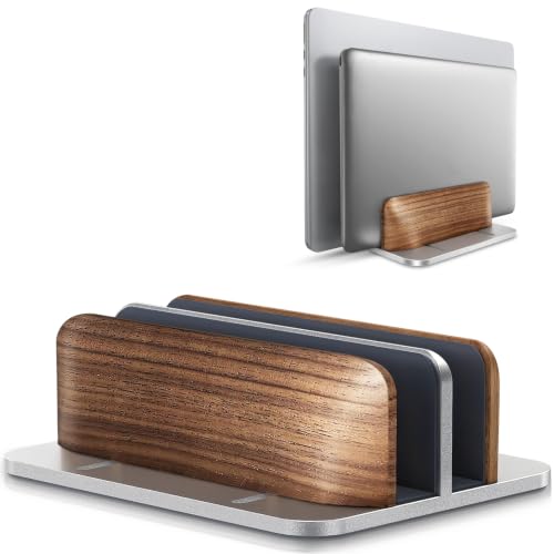 LOXP Vertical Laptop Stand, Dual Slot Wooden + Aluminum Laptop Holder | Desktop Adjustable MacBook Stand, Adjustable Base, for MacBook Pro/Air, (up to 17.3-inch All laptops)