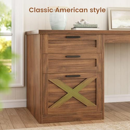 SEDETA 67" Farmhouse L Shaped Desk with 3 Drawers, Executive Home Office Desks with Storage Shelves, Corner Computer Desk with Power Outlets for Home Office, Brown | Executive Home Office Desks with Storage Shelves, Corner Computer Desk with Power Outlets