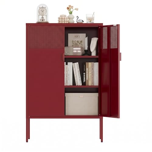 Metal Storage Cabinet,2 Door TV Stand, Metal Mesh Accent Cabinet | Magnetic Door Closure,Low Storage Cabinets with Doors and Shelf for Home,Office,Living Room - color: Red, size: 47"H