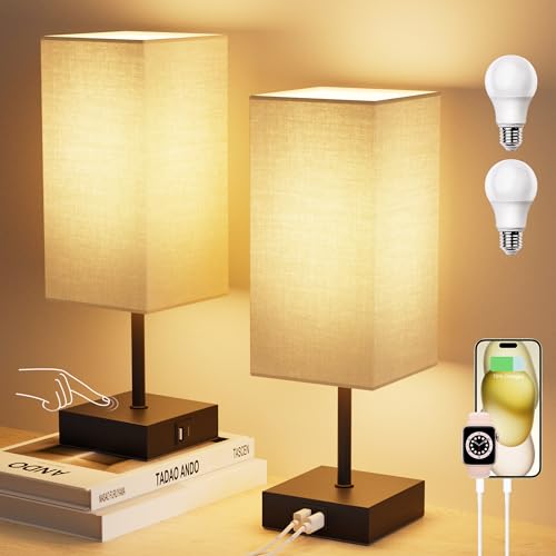 Touch Bedside Table Lamp for Bedroom, 14-Inch, Beige, Set of 2 | USB A+C Ports, Touch 3-Way Dimmable LED Bulb Included Fabric Lampshade Metal Base Small Nightstand Lamp for Desk Living Room - color: Upgraded Beige, size: 2-Pack