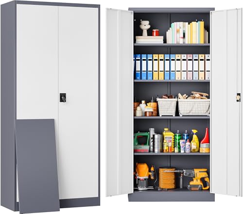 Storage Cabinet with Doors and Shelves,71" Metal Storage Cabinet with Lock Door Adjustable Shelf, Steel Lockers for Office, Home,School,Kitchen,Garage Tool Utility Cabinet - color: Gray White, size: 71"H x 31.5"W x 16"D-B