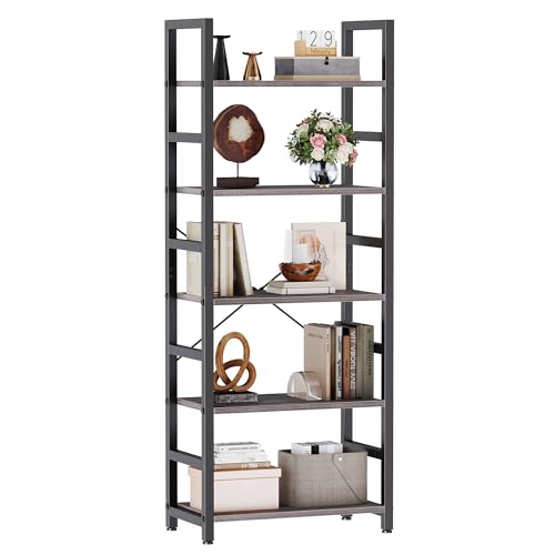 DUMOS 5-Tier Bookshelf, Modern Tall Bookcase | Open Storage Display Shelf for Living Room, Bedroom, Home Office, Narrow Standing Shelving Unit for Books, CDs Wood Grey - color: Grey Wood, size: 5 Tier