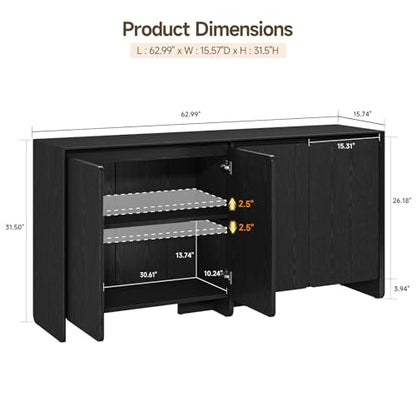 63" Sideboard Buffet Cabinet with Storage, Buffet Sideboard Cabinet with 4 Doors & Adjustable Shelves, Modern Coffee Bar Console Table for Living Room, Kitchen, Entryway (Black) - color: Black