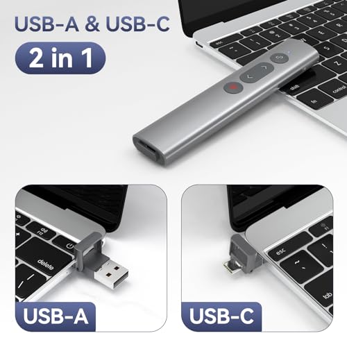 Wireless Presentation Clicker PowerPoint Remote: USB C A Presenter PPT Power Point Google Slide Advancer with Laser Pointer Smart Board Clicker for Computer Laptop Mac Projector Office Classroom - style: Metal & Red Laser