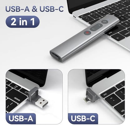 Wireless Presentation Clicker PowerPoint Remote: USB C A Presenter PPT Power Point Google Slide Advancer with Laser Pointer Smart Board Clicker for Computer Laptop Mac Projector Office Classroom - style: Metal & Red Laser