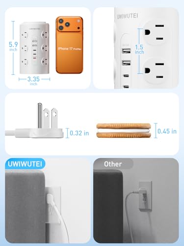 10FT Tower Power Strip with Dedicated 20W PD USB-C Port - color: White, size: 10FT