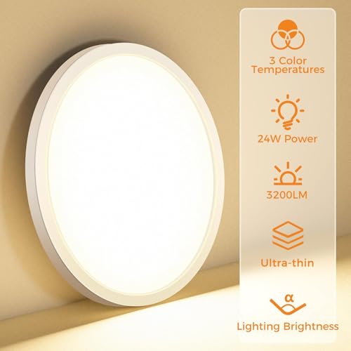 1PACK LED Flush Mount Ceiling Light Fixture, 3000K-4000K-6500K & 100W Equivalent Modern Kitchen Ceiling Lamp 24W 3200Lm 12 Inch Closet Round Surface for Bathroom Laundry Bedroom Hallway - color: White, size: 12Inch-1Pack