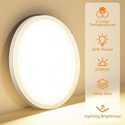 1PACK LED Flush Mount Ceiling Light Fixture, 3000K-4000K-6500K & 100W Equivalent Modern Kitchen Ceiling Lamp 24W 3200Lm 12 Inch Closet Round Surface for Bathroom Laundry Bedroom Hallway - color: White, size: 12Inch-1Pack