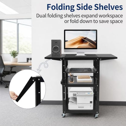 Mobile AV Cart with Power Outlet Adjustable Computer Workstation | Steel Rolling Media Utility Cart with Fold Side Shelves,Pullout Keyboard Tray,Locking Casters for Office Classroom Home - size: 24x18x41.75in