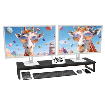 Dual Monitor Stand Riser, 38.7'' Long Wood and Steel Monitor Stand for 2 Monitors, Ergonomic Desktop Organizer with Tablet Stand for Computer,Laptop,TV (Black)