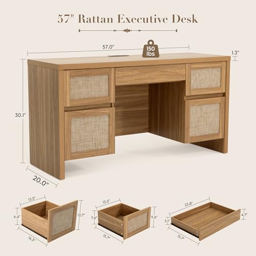 Yechen Executive Desk with 5 Drawers, 57" Modern Rattan Home Office Desk with Charging Station, File Drawer, Farmhouse Boho Computer Writing Desk for Study, Work, Walnut Brown