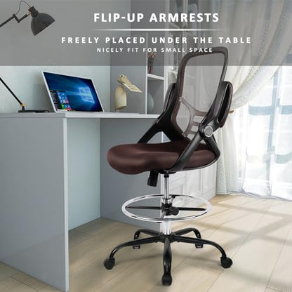 HYLONE Drafting Chair, Tall Office Chair Standing Desk Chair Brown Mesh High-Back Drafting Stool with Flip-Up Arms, Adjustable Foot Ring, Brown - color: Brown