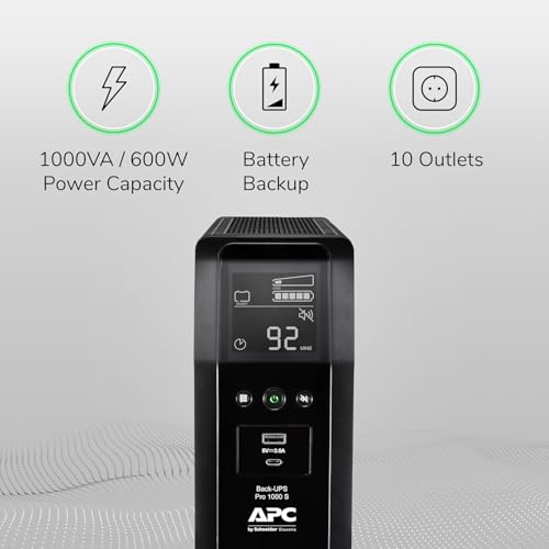 APC UPS 1000VA Sine Wave UPS Battery Backup & Surge Protector, Backup Battery Power Supply with AVR, (2) USB Charger Ports, BR1000MSR (Renewed) - size: 1000VA