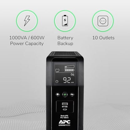 APC UPS 1000VA Sine Wave UPS Battery Backup & Surge Protector, Backup Battery Power Supply with AVR, (2) USB Charger Ports, BR1000MSR (Renewed) - size: 1000VA